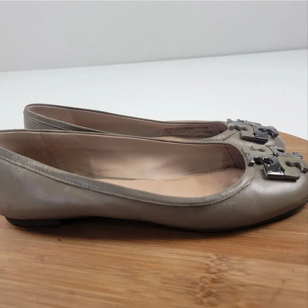 Tory Burch Taupe Leather Logo Ballet Flats